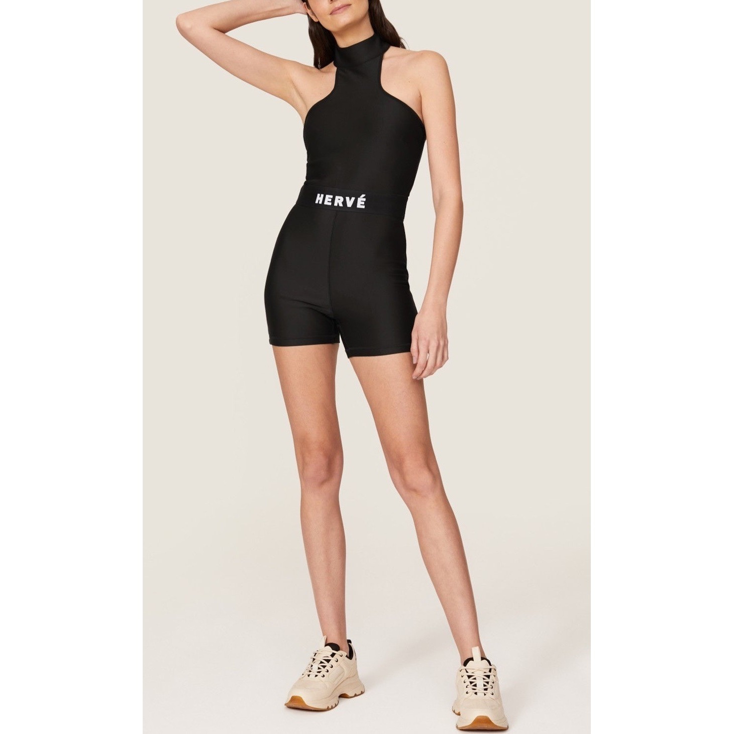 Herv Lger Sport Romper Womens Xl Black Halter Mock Neck Stretch Logo Bodysuit